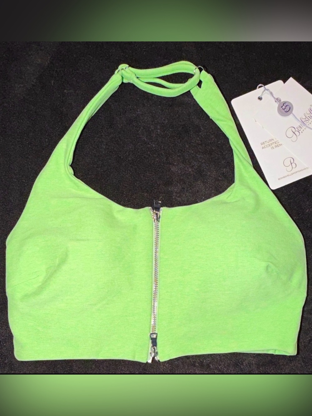 Bombshell sportswear Lime Green Halter Crop Top with Front Zipper